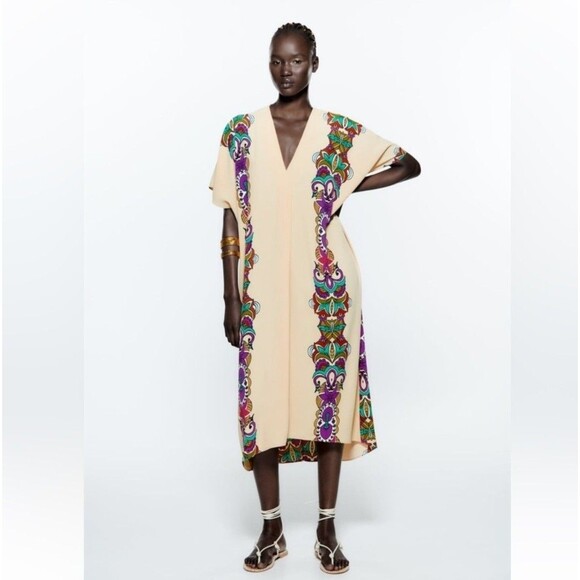 ZARA  Kaftan Cream Multicolored Printed Tunic Midi Dress Sz S - Picture 1 of 6